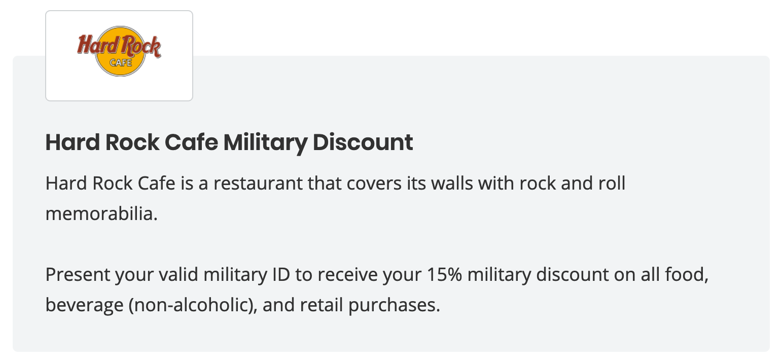 Hard Rock Café Military Veteran Discounts
