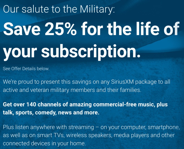 SiriusXM Military Discount – 25% Off - Military Veterans Discounts