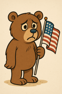A cartoon bear with a sad expression stands holding a small American flag.