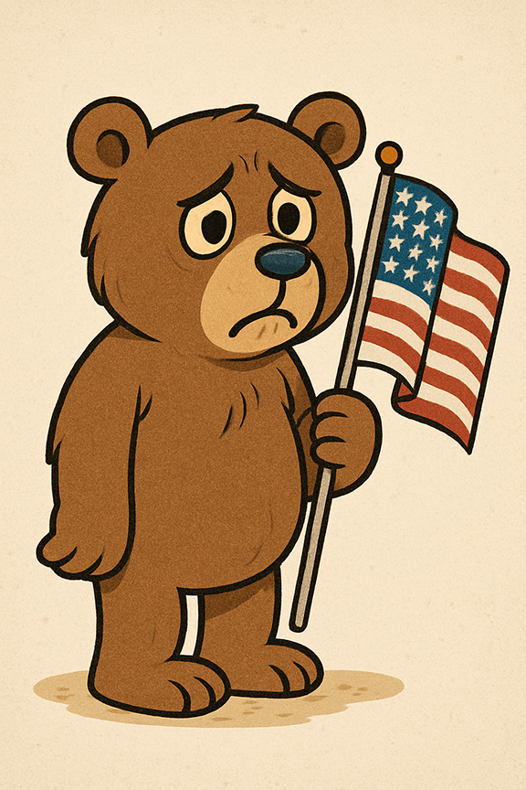 A cartoon bear with a sad expression stands holding a small American flag.