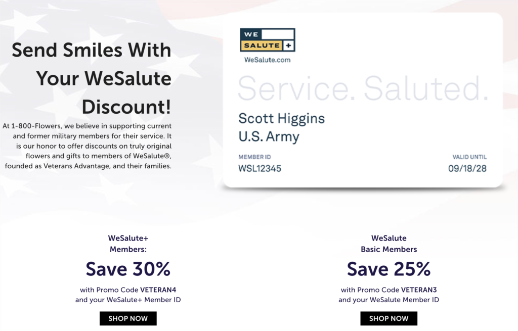 A promotional image offering WeSalute member discounts at 1-800-Flowers, featuring a sample WeSalute ID card and details on saving 30% or 25% with a promo code.