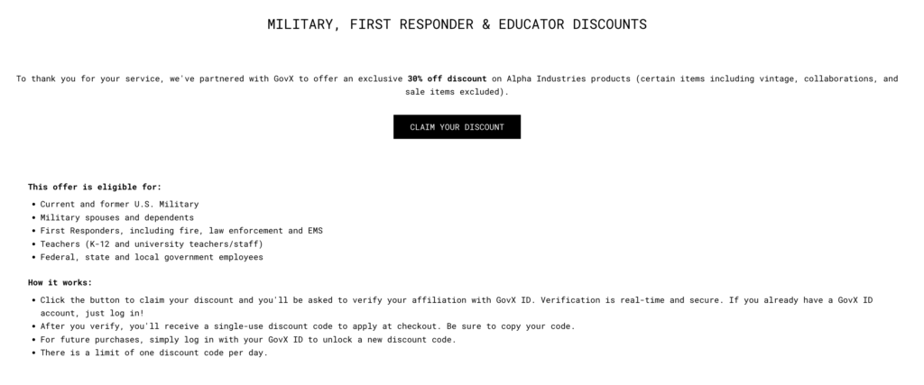 Alpha Industries Military Veteran Discount