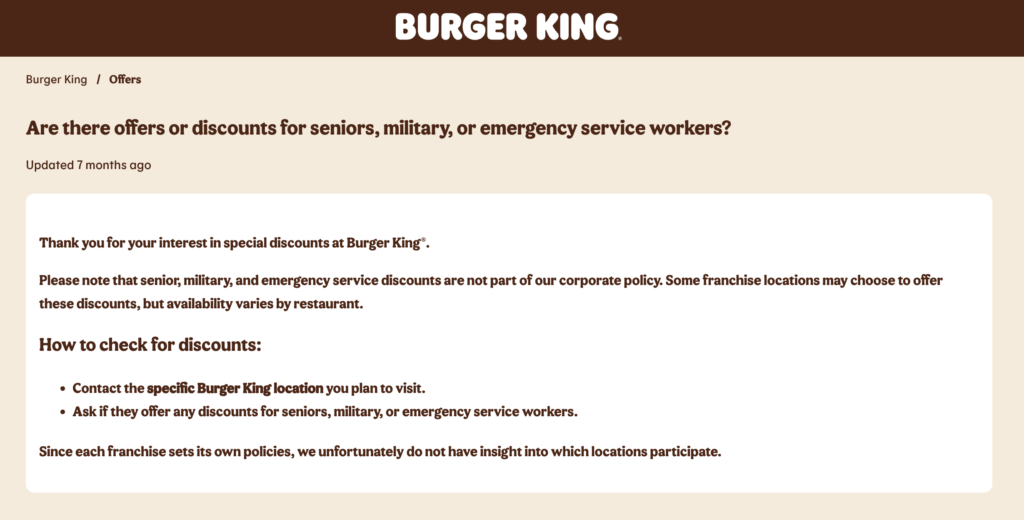 Burger King Military Veteran Discount