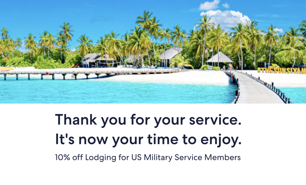 Tropical beach resort with palm trees, a wooden pier, and clear blue water. Text offers a 10% lodging discount for US military service members.