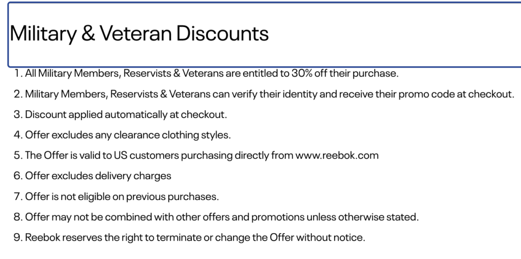 Reebok Military Veteran Discount