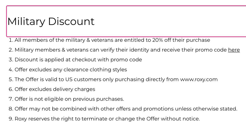 Roxy Military Veteran Discount